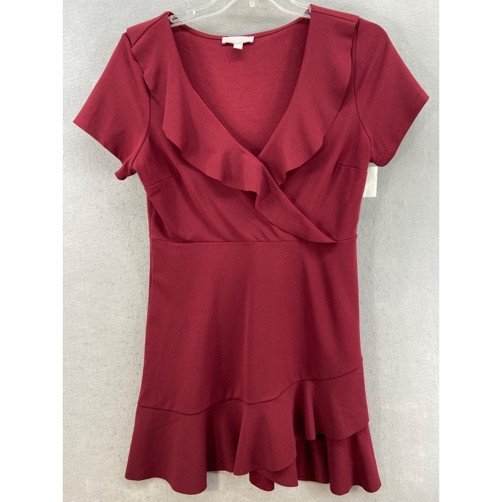 Chelsea28 Dress Womens Sz XL Red Wine Short Sleeve A-Line Ruffle Faux Wrap Top